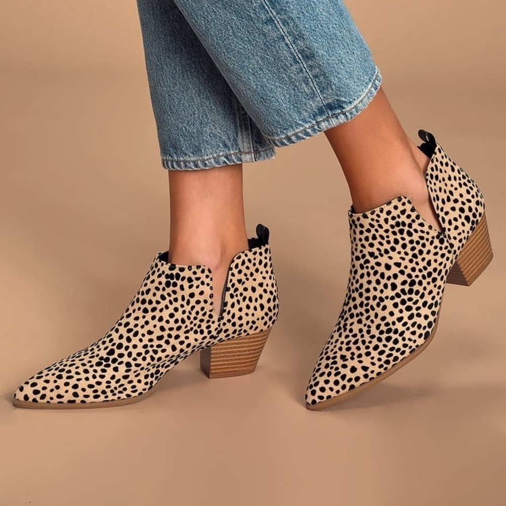 LULUS Marca Vegan Tan and Black Cheetah Print Cutout Slip On Ankle Booties